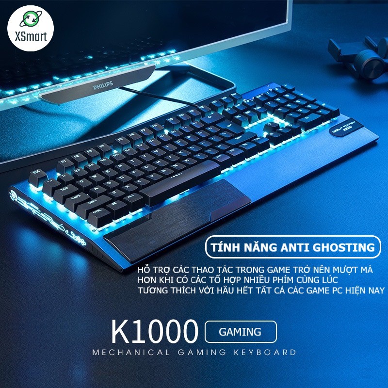 Bàn Phím Cơ Gaming CAO CẤP K1000 FULL LED RGB Có Kê Tay, Blue Switch Gõ Cực Đã Cho Laptop Máy Tính PC, Cổng USB