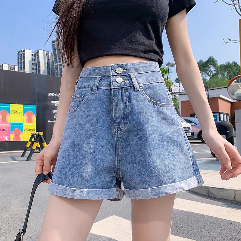 Quần Short Denim Ống Rộng Lưng Cao Màu Trơn Thời Trang Mùa Hè Hàn Quốc Cho Nữ