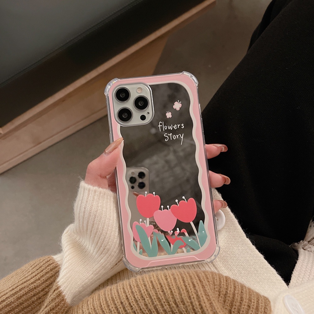 Ốp Điện Thoại TPU Dẻo Gắn Gương Trang Điểm Hình Hoa Tulip Cho iPhone 14 13 12 11 Pro Max XR X XS 7 Plus 8 Plus