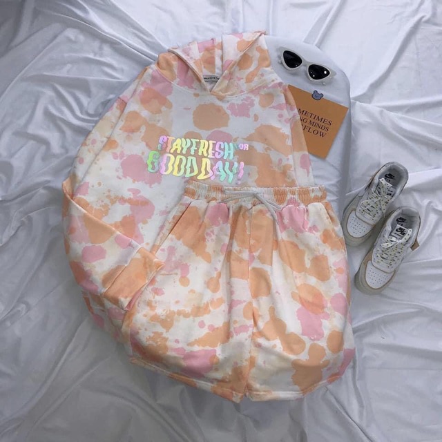 Set Hoodie Loang Màu Đùi Chữ Phản Quang/Cartoon Suit Phản Quang Ảnh Thật