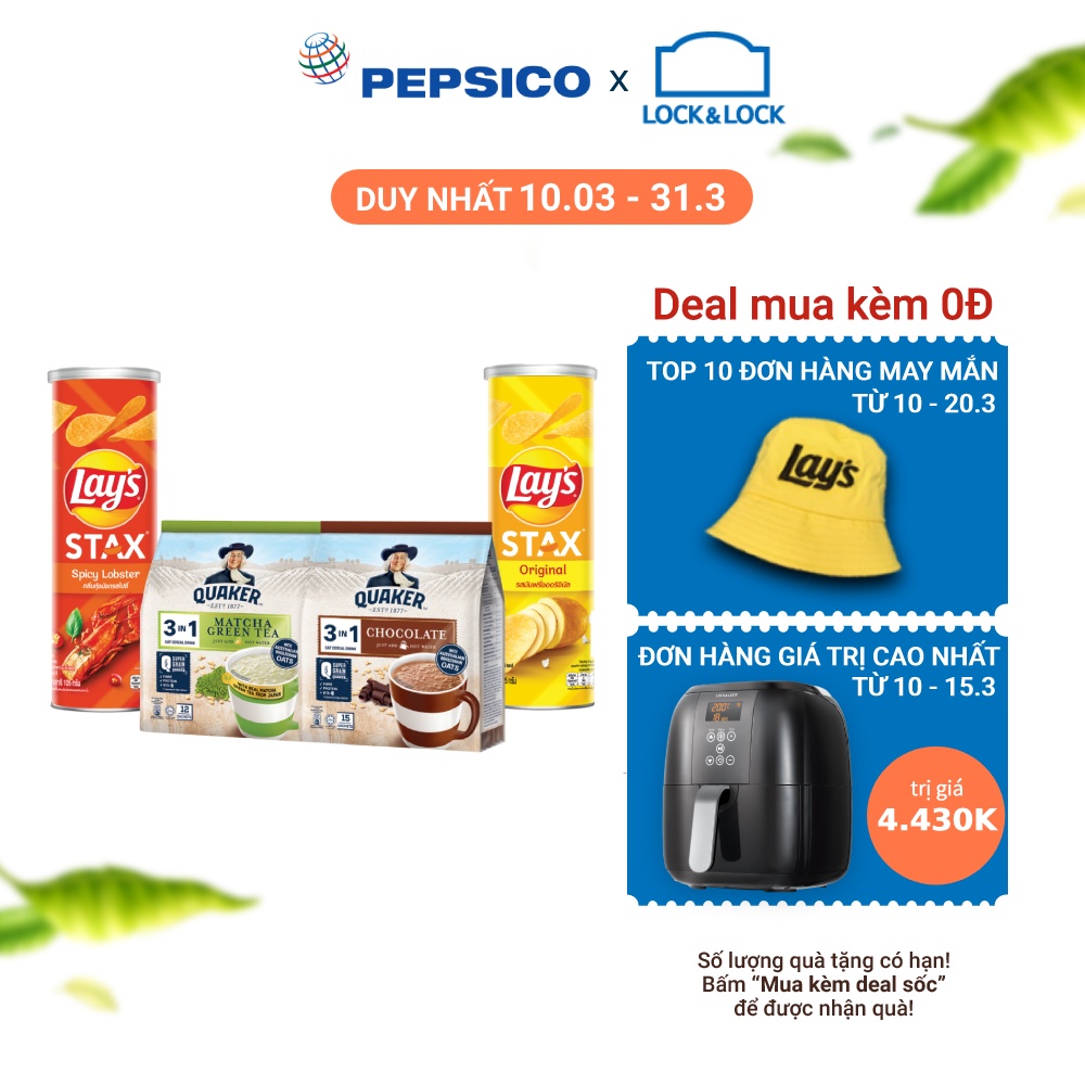 Combo: Yến mạch Quaker Vị Chocolate 420G + Matcha 336G &amp; Lay's Stax Thái Vị Tôm hùm nướng ngũ vị + Tự Nhiên 105G/hộp