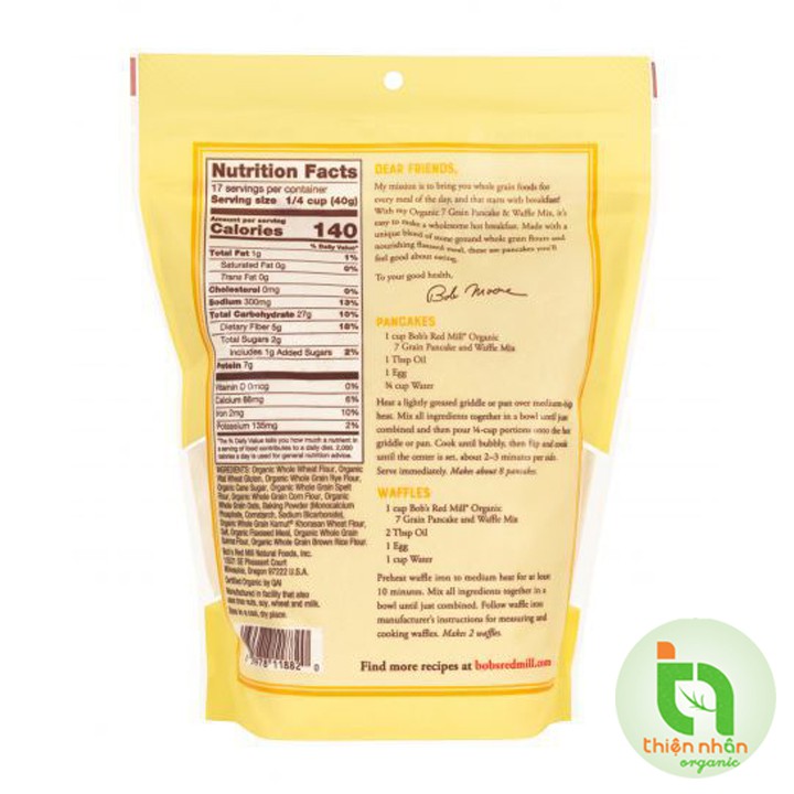 Bột làm bánh Pancake &amp; Wafffle đa hạt hữu cơ Bob's Red Mill 680gr Organic 7 Grain Flour