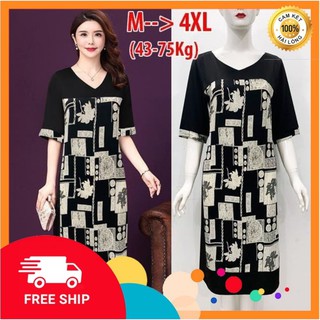 Đầm dự tiệc trung niên - Đầm suông phối lụa in họa tiết siêu đẹp