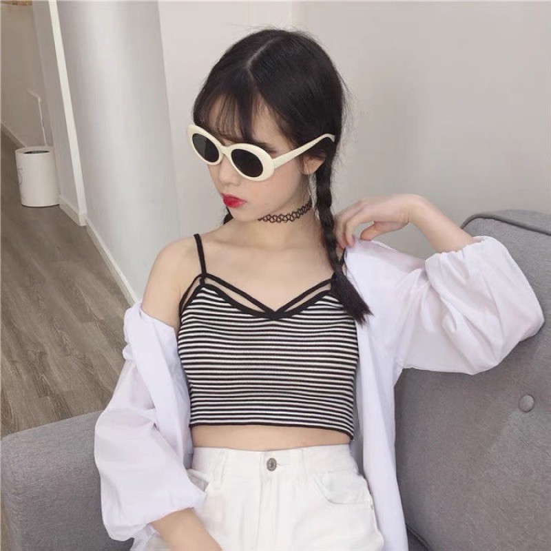 [Sale có sẵn+ảnh thật] Áo hai dây croptop kẻ ngang summer