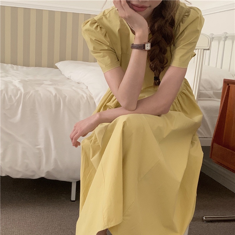 Đầm SUXI tay ngắn cổ tròn đơn giản phong cách Hàn Quốc