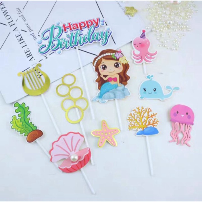 đồ trang trí bánh sinh nhật [FREESHIP❤️] sét cắm chủ đề biển tiên cá