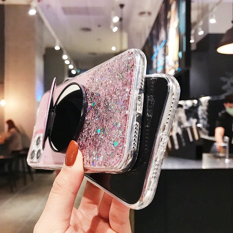 Case iPhone 12 Mini 11 Pro Max 6 6S 7 8 Plus X XR XS XS Max SE 2020 Epoxy Silver Foil Glitter Phone Case With a round mirror