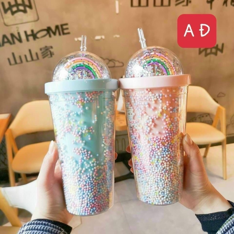 LY GIỮ NHIỆT NHỰA 2 LỚP HÌNH CẦU VỒNG SIÊU ĐẸP TẶNG KÈM ỐNG HÚT.AP
