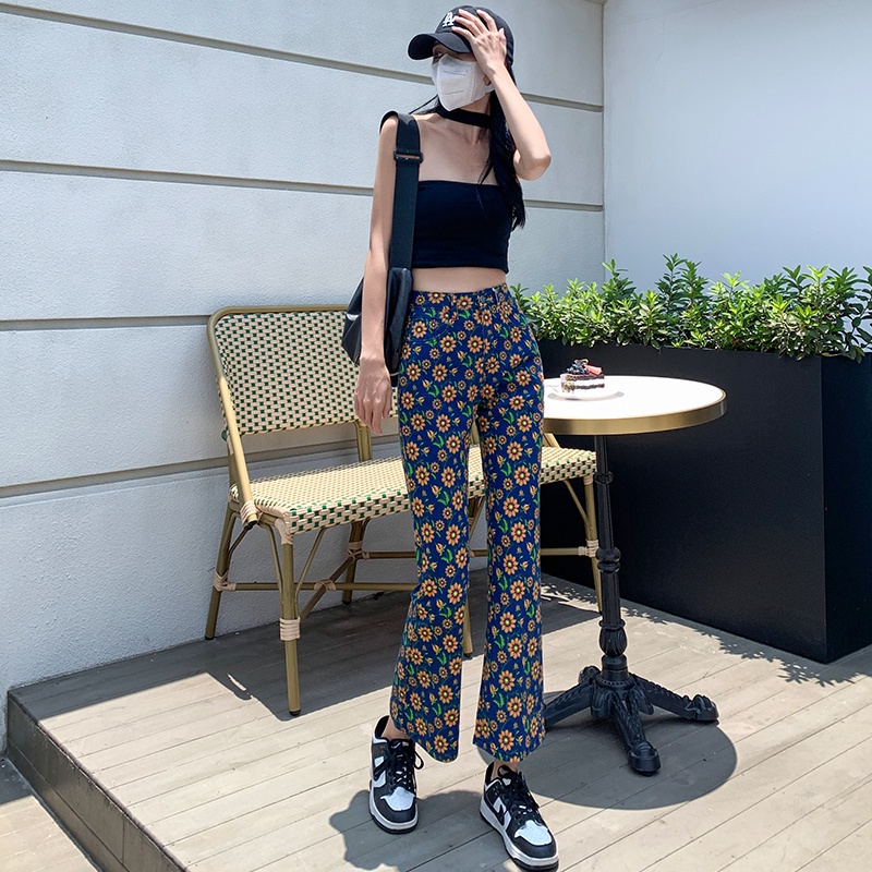 Quần Jean Lưng Cao Ống Loe In Họa Tiết Thời Trang