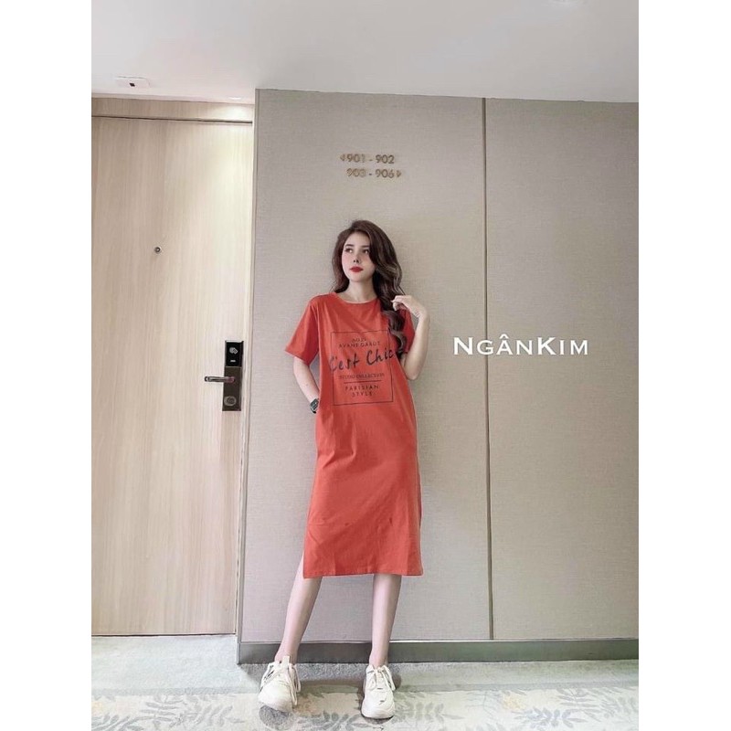 Đầm cotton dáng suông dài in chữ "CEST"(fom rộng không túi)