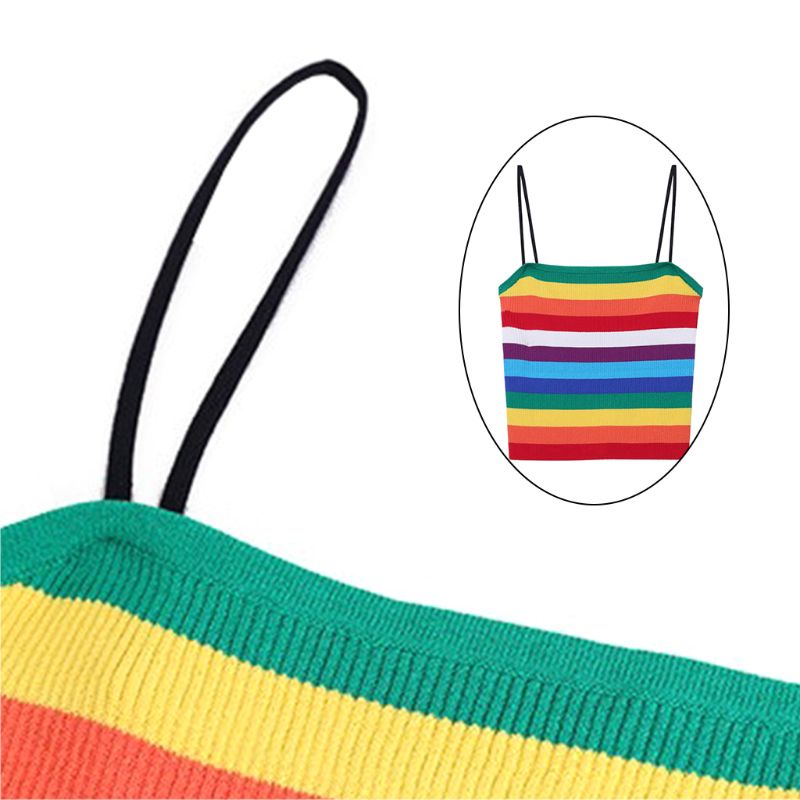 Mary Áo Tank Top Hai Dây Dệt Kim Kẻ Sọc Màu Khối Cầu Vồng Mùa Hè Cho Nữ