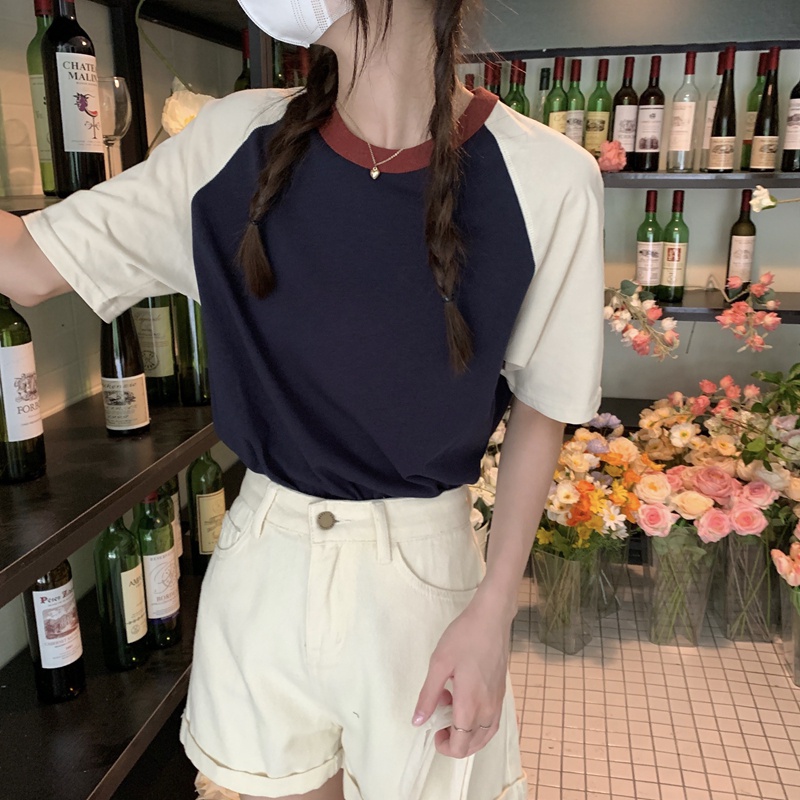Áo Thun Cotton Tay Ngắn Dáng Ôm Màu Sắc Tương Phản Dễ Phối Đồ 51122