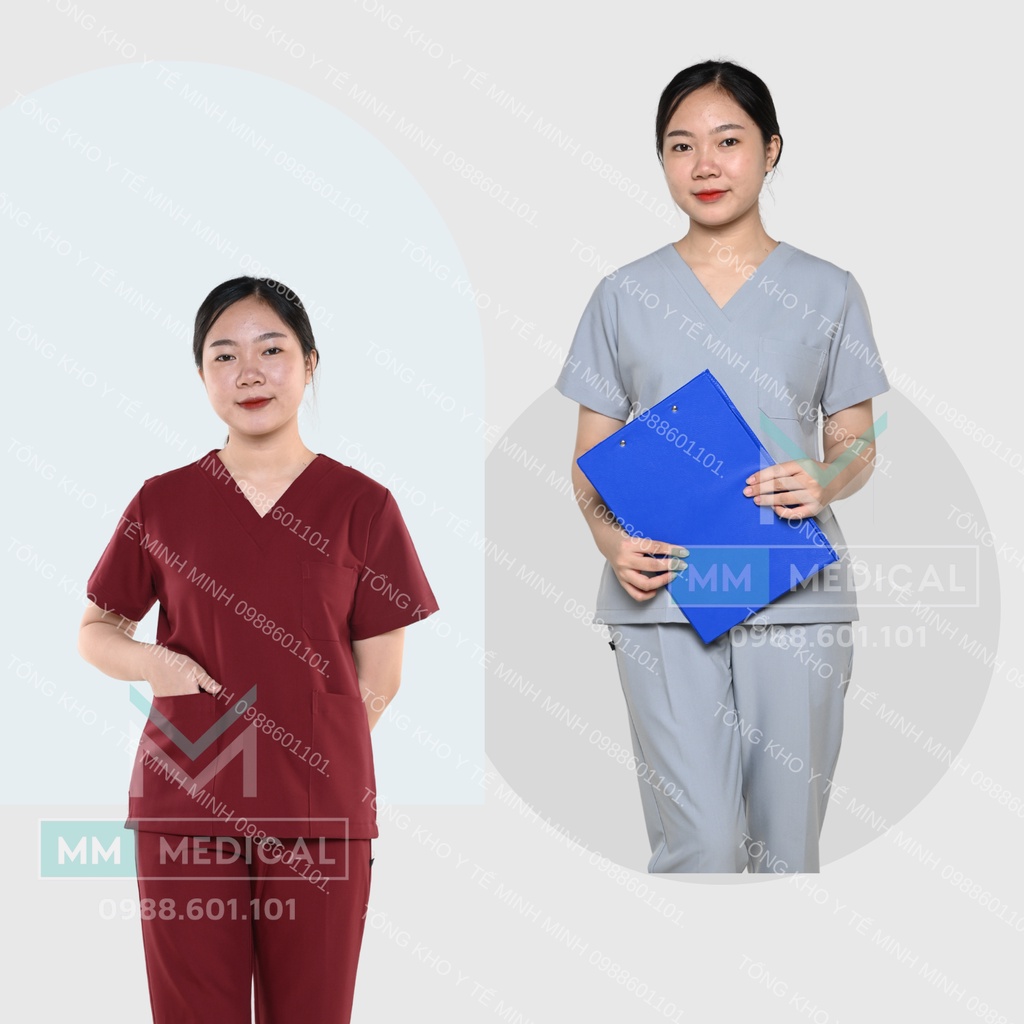 Bộ cổ tim CAO CẤP Scrubs, blu y tế dành cho bác sĩ, điều dưỡng, dược sĩ, nha khoa, phòng khám màu đỏ đô, ghi xám