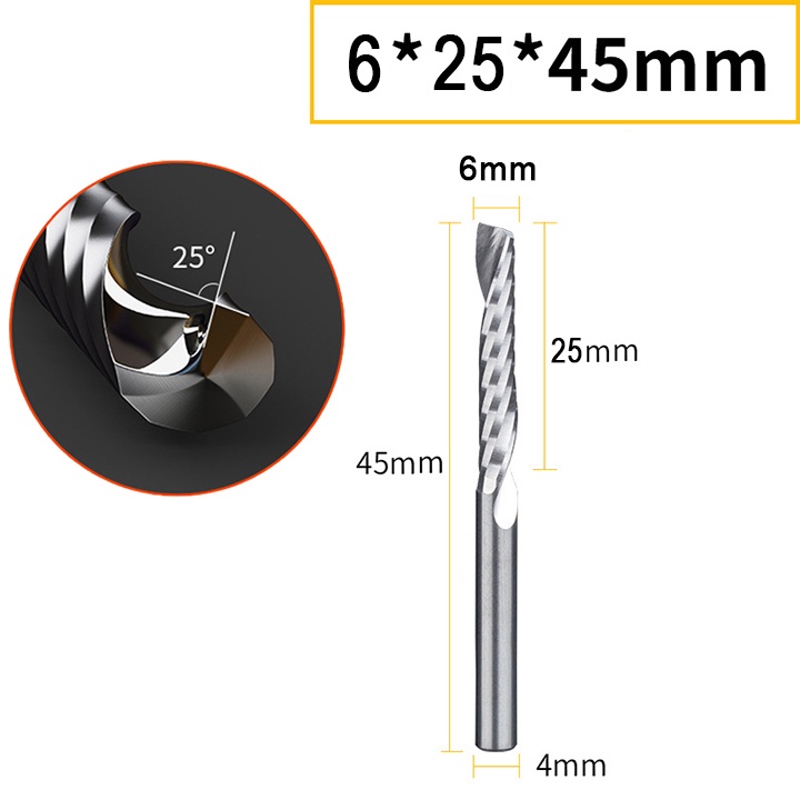 Dao xoắn 1 me chính hãng thân 4mm CNC chuyên phay,cắt gỗ,nhựa, acrylic, nhôm tấm, mica, MDF, PVC,…