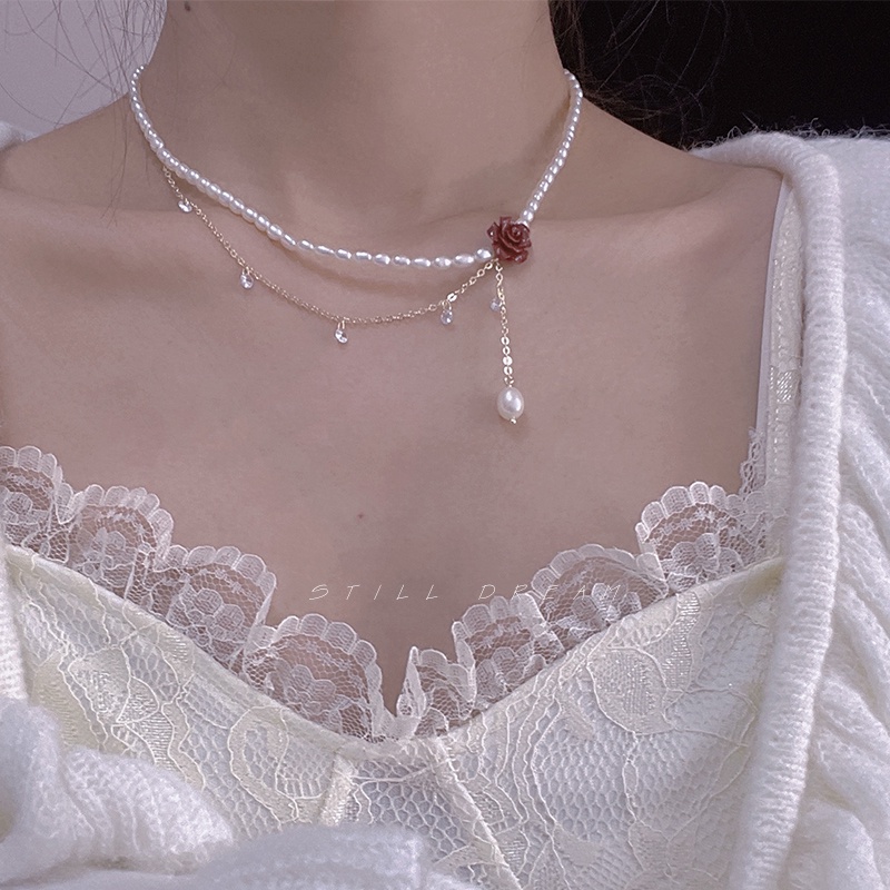Vòng cổ Đính Ngọc Trai Và Hoa Hồng Chất Lượng Cao Thời Trang