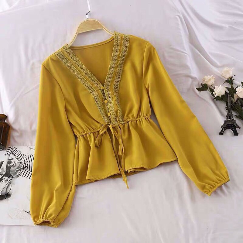 [Mã FAMAYWA giảm 10K đơn 50K] áo kiểu cổ V tay dài bo xinh kèm ảnh thật | BigBuy360 - bigbuy360.vn