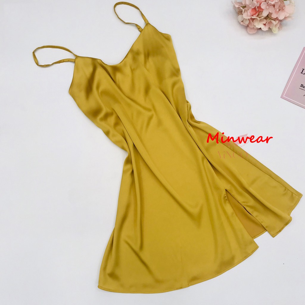 Váy ngủ, đầm ngủ lụa cao cấp 2 dây xẻ tà 1 bên - Minwear Store