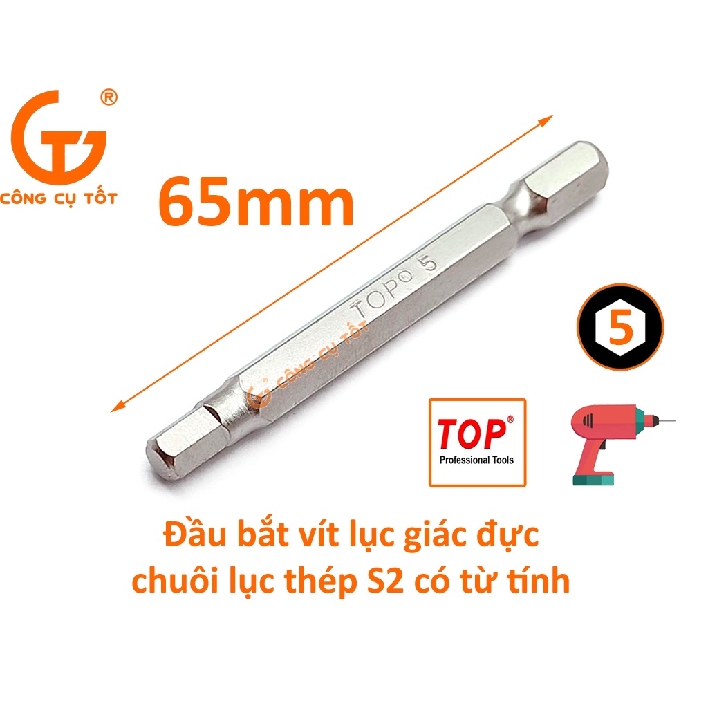 Vỉ 10 đầu bắt vít lục giác đực 5 mm dài 65 mm chuôi lục TOP