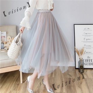 Real shot spring and summer irregular gauze skirt spring and summer Super fairy contrast color mid-length A- line fluffy skirt
