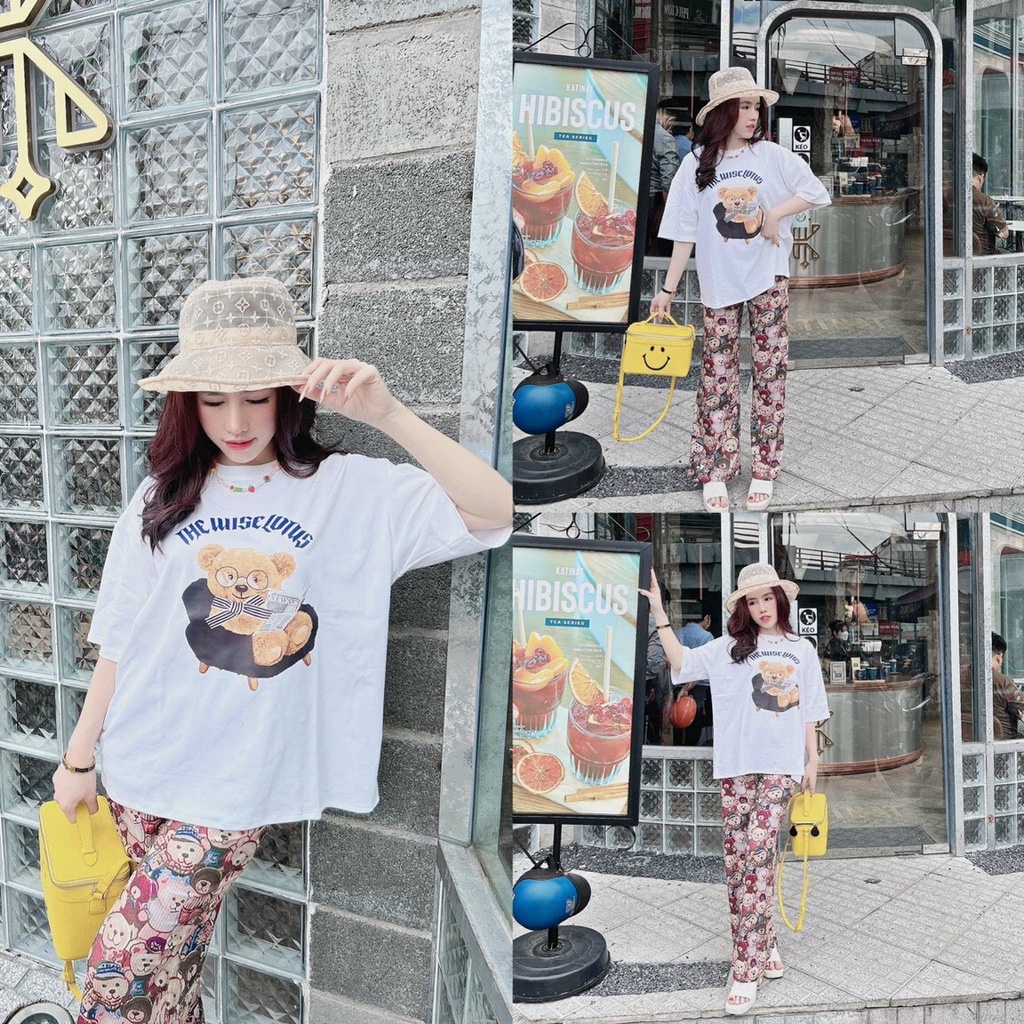 sét bộ cotton quần họa tiết gấu phối áo gấu ép 3D túi zip tem mác đầy đủ