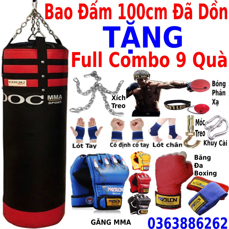 Bao cát đấm bốc boxing tập võ dài 100cm đã nhồi sẵn ruột tặng full combo 9 món phụ kiện boxing