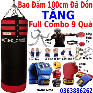 Bao cát đấm bốc boxing tập võ dài 100cm đã nhồi sẵn ruột tặng full combo 9 món phụ kiện boxing