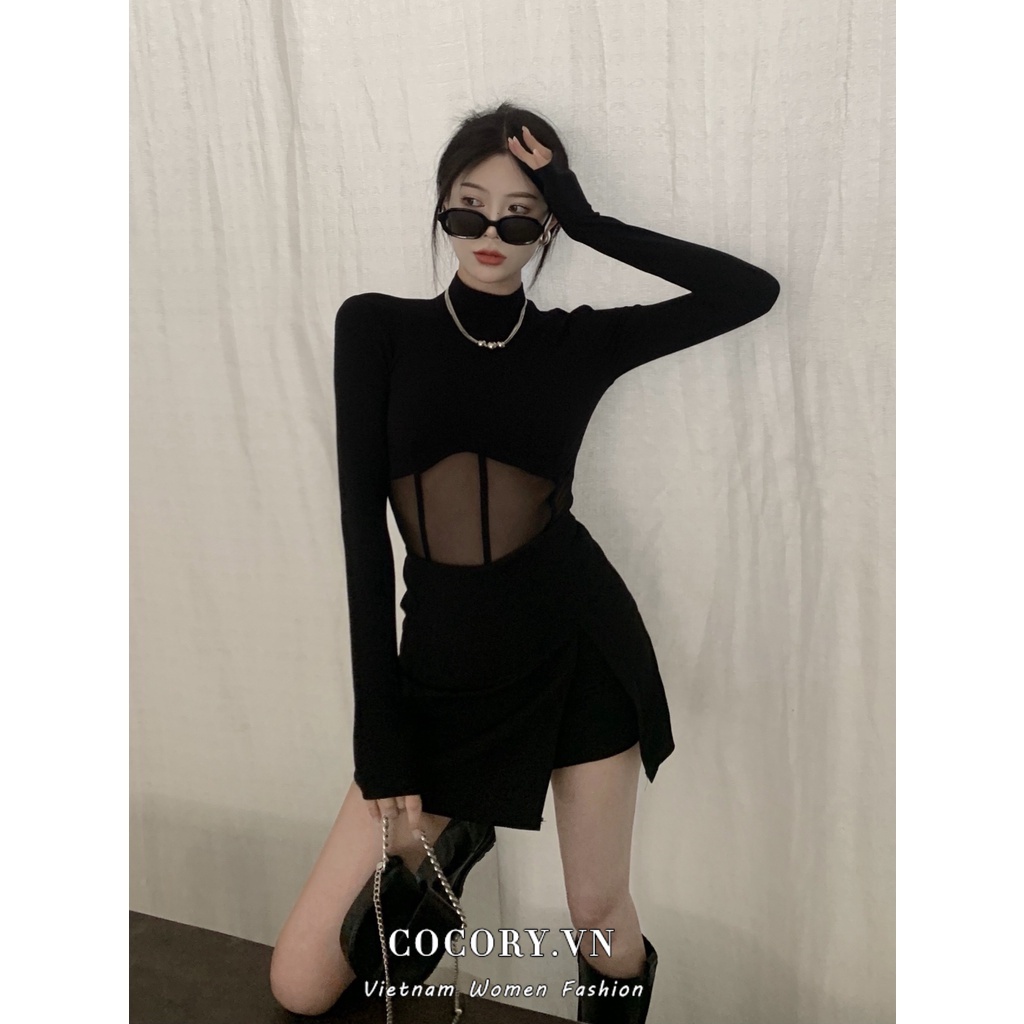 Cocory vn Đầm phối lưới tay dài khâu mỏng gợi cảm cho nữ