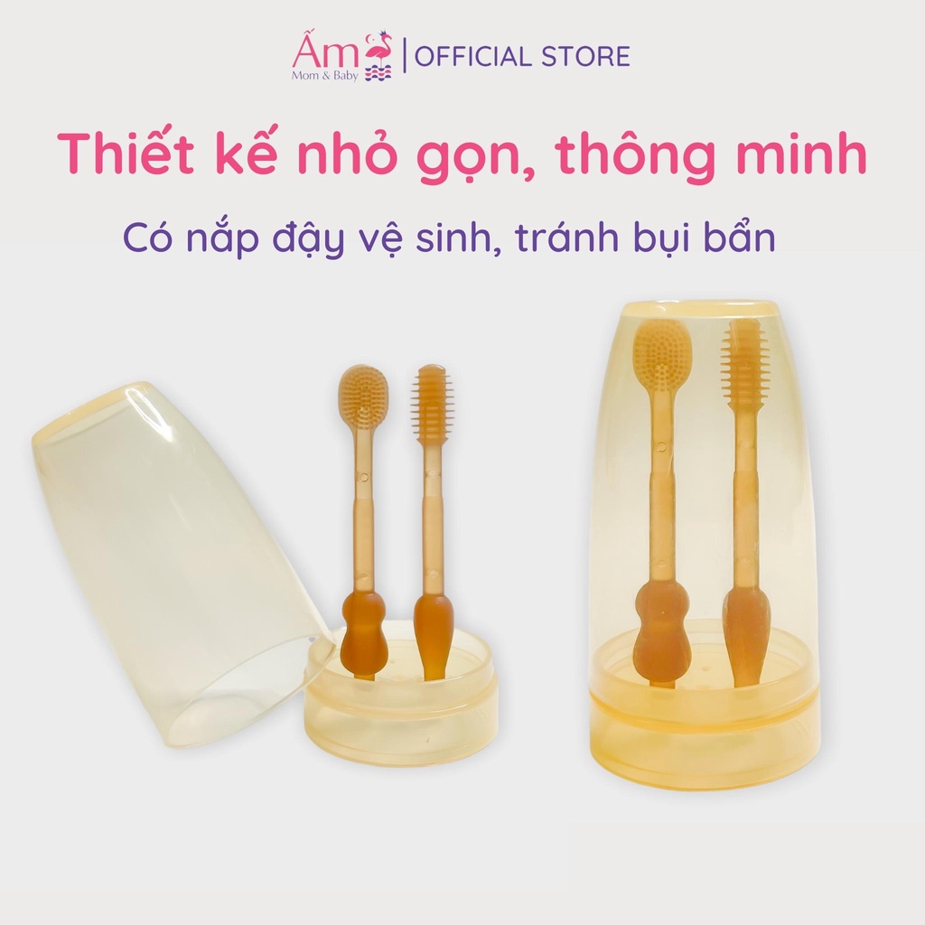 Dụng Cụ Rơ Lưỡi Silicon Và Bàn Chải Siêu Mềm Ấm Baby Cho Bé từ 1 - 18 Tháng Có Nắp Đậy Vệ Sinh Ấm Gift Decor