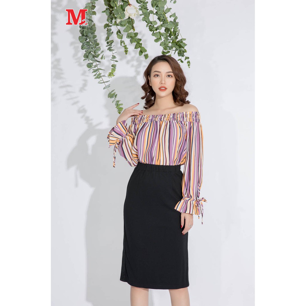 Áo sơ mi nữ dài tay trễ vai kẻ sọc nơ tay D555181119 Thời trang M2