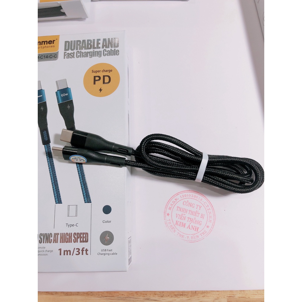 Dây sạc nhanh Hammer C14, Type C to Type C, PD 60W, Dây Dù, Hàng Chính Hãng bảo hành 12 tháng