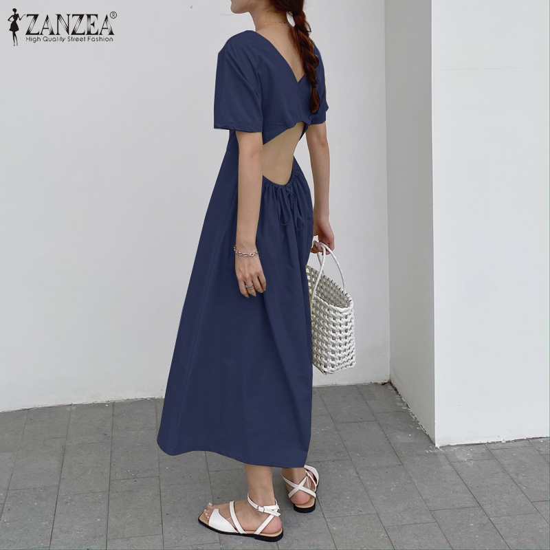 Đầm Zanzea dài tay cổ tròn hở lưng cột dây eo thời trang Hàn Quốc cho nữ