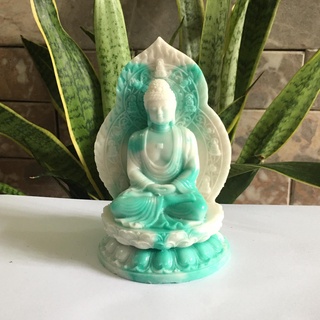 Phật A Di Đà cao 15 cm màu xanh có chữ Phật ngồi tòa sen