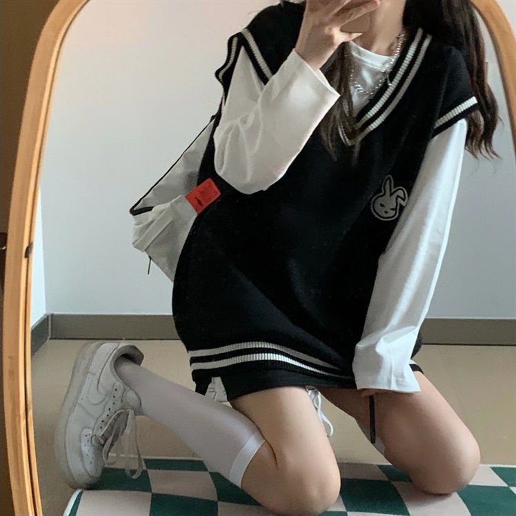 Set Áo Thun Tay Dài Và Áo Len Không Tay Cổ Chữ V Form Rộng Thời Trang Xuân Thu Cho Nữ Sinh