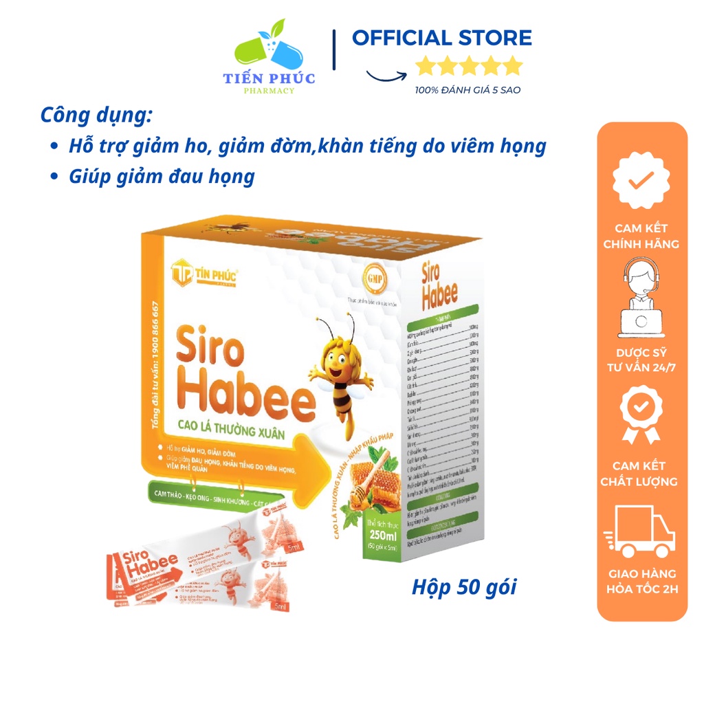 Siro ho HABEE giảm ho cảm cúm sổ mũi cao lá thường xuân (Hộp 50 gói 5ml ) cho bé