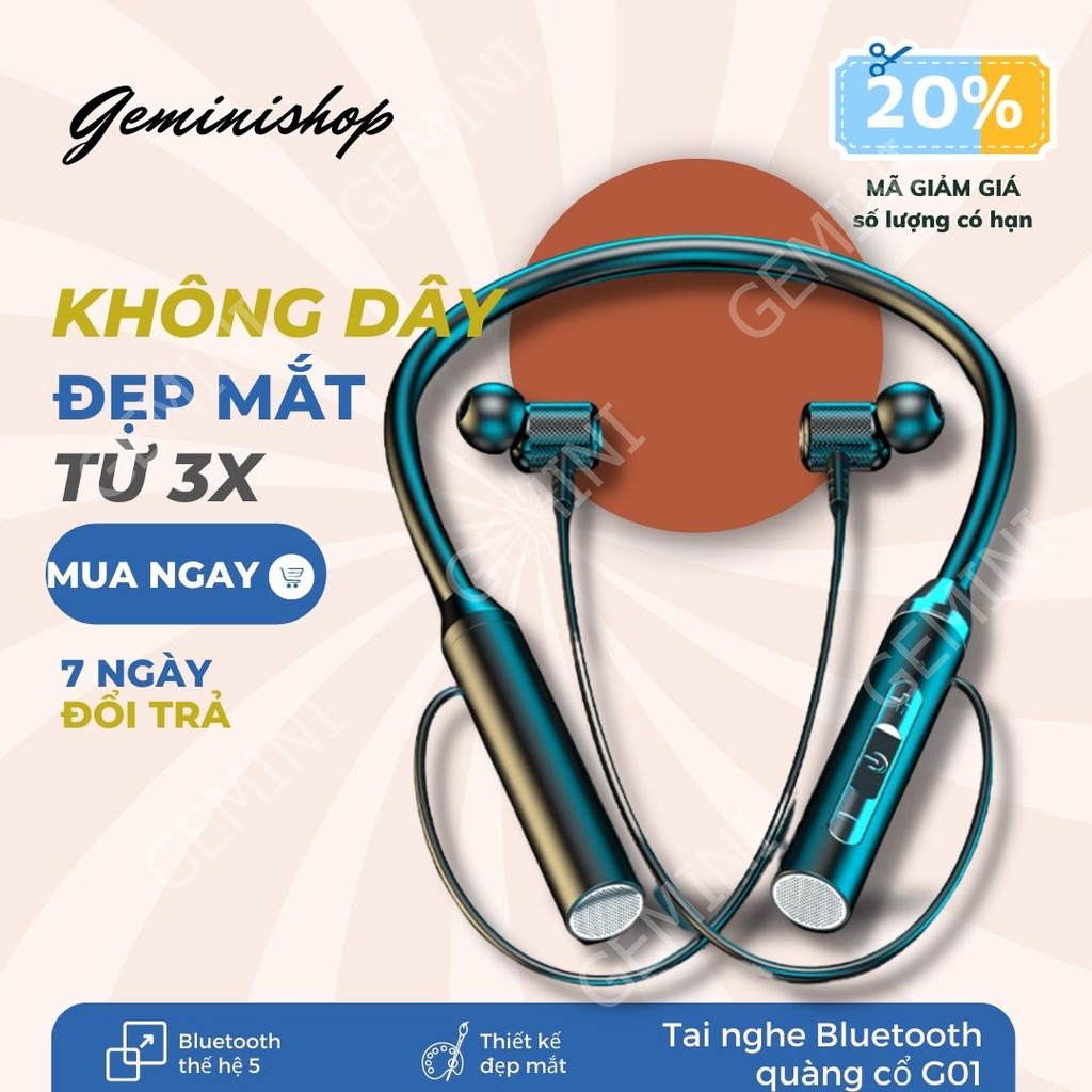 Tai nghe Bluetooth không dây đeo quàng cổ Bluetooth 5.2 thể thao pin trâu từ tính khử tiếng ồn mã G01 Gemini Shop