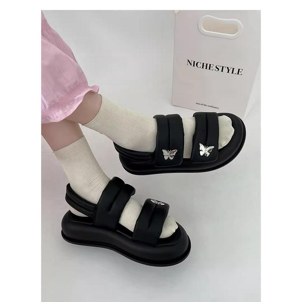 Giày Sandal Đế Dày Màu Đen Phong Cách Retro Mùa Hè 2023 Cho Nữ