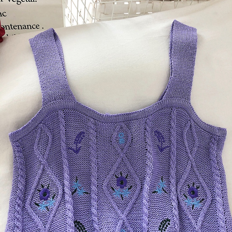 Áo croptop dệt kim không tay thêu hoa màu sắc ngọt ngào phong cách Hàn Quốc cho nữ