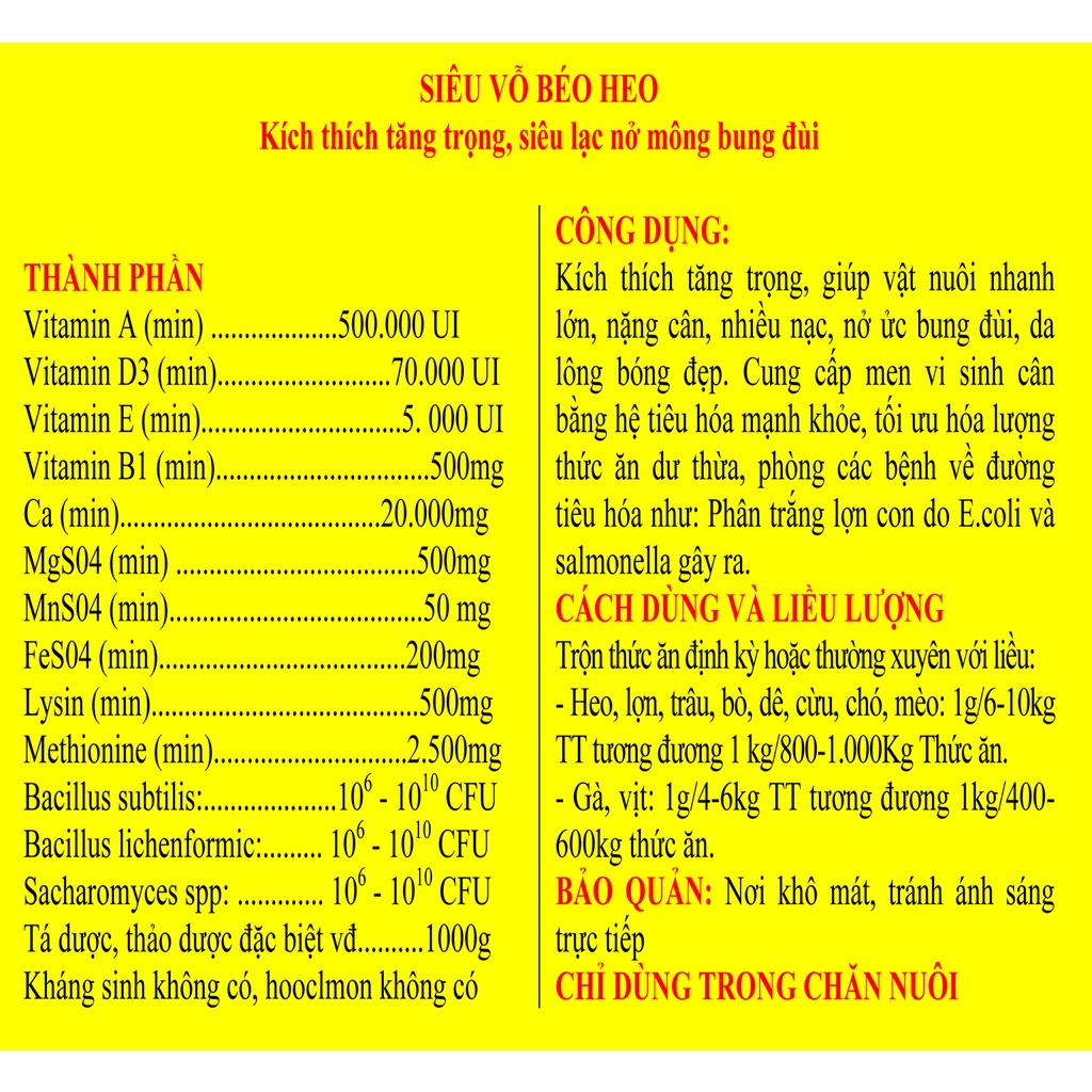 SIÊU VỖ BÉO HEO, LỢN, CHÓ, MÈO, KÍCH THÍCH TĂNG TRỌNG NHANH gói 1kg