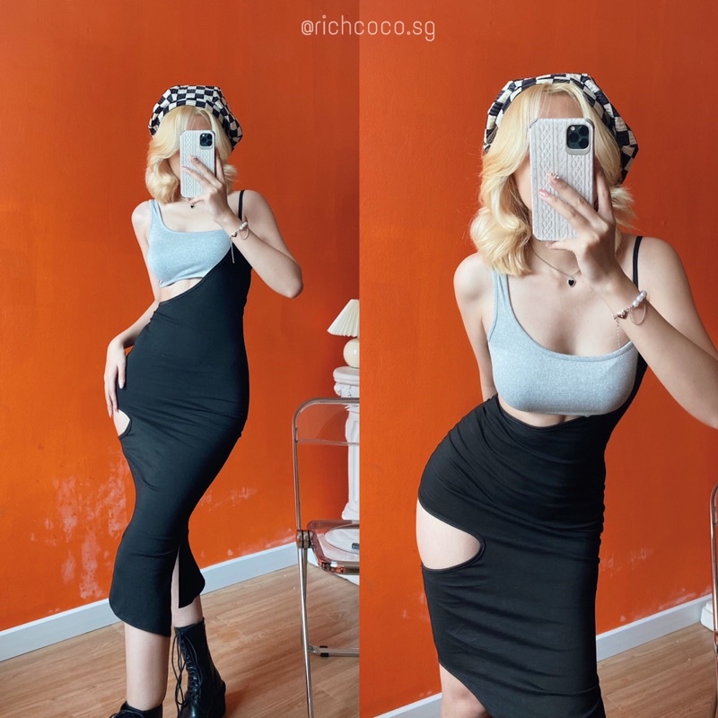 Váy body midi 2 dây cut out