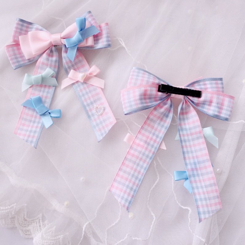 Kẹp Tóc Nơ Dài Họa Tiết Sọc Caro Phong Cách Lolita Dành Cho Nữ