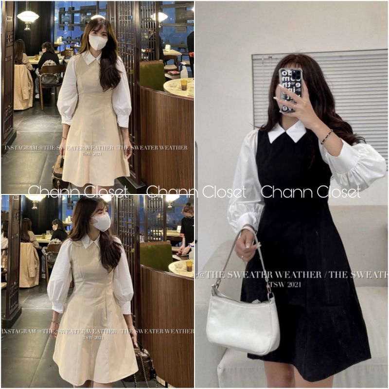 VÁY KAKI PHỐI TAY SƠ MI CHIẾT EO TIỂU THƯ - CHANN CLOSET