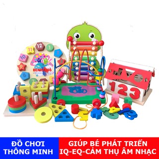 Combo 5 Đồ Chơi Gỗ Đồng Hồ Hình Khối, Đàn Hình Thú 8 Thanh, Chuỗi Thả Hình, Xe Kéo Luồn Hạt, Nhà Thả Hình Khối Và Số Đếm