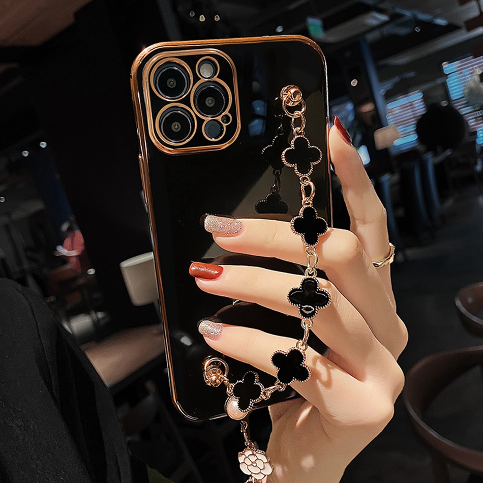 Ốp Điện Thoại Dẻo Họa Tiết Hoa Sang Trọng Kèm Giá Đỡ + Dây Đeo Tay Cho iPhone 11 12 13 Pro MAX 7 8 Plus X XR XS MAX