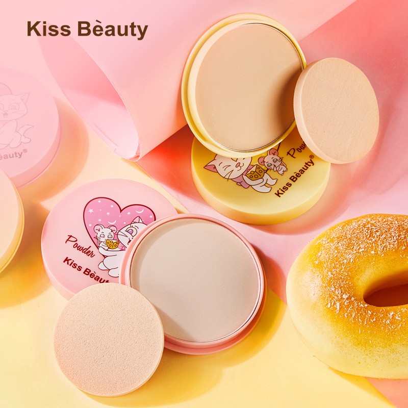 🌈🍓🐈 Phấn Phủ Mèo Phô Mai Powder Kissbeauty Kiềm Dầu, Che Khuyết Điểm, Đi Kèm Bông Phấn Siêu Cute