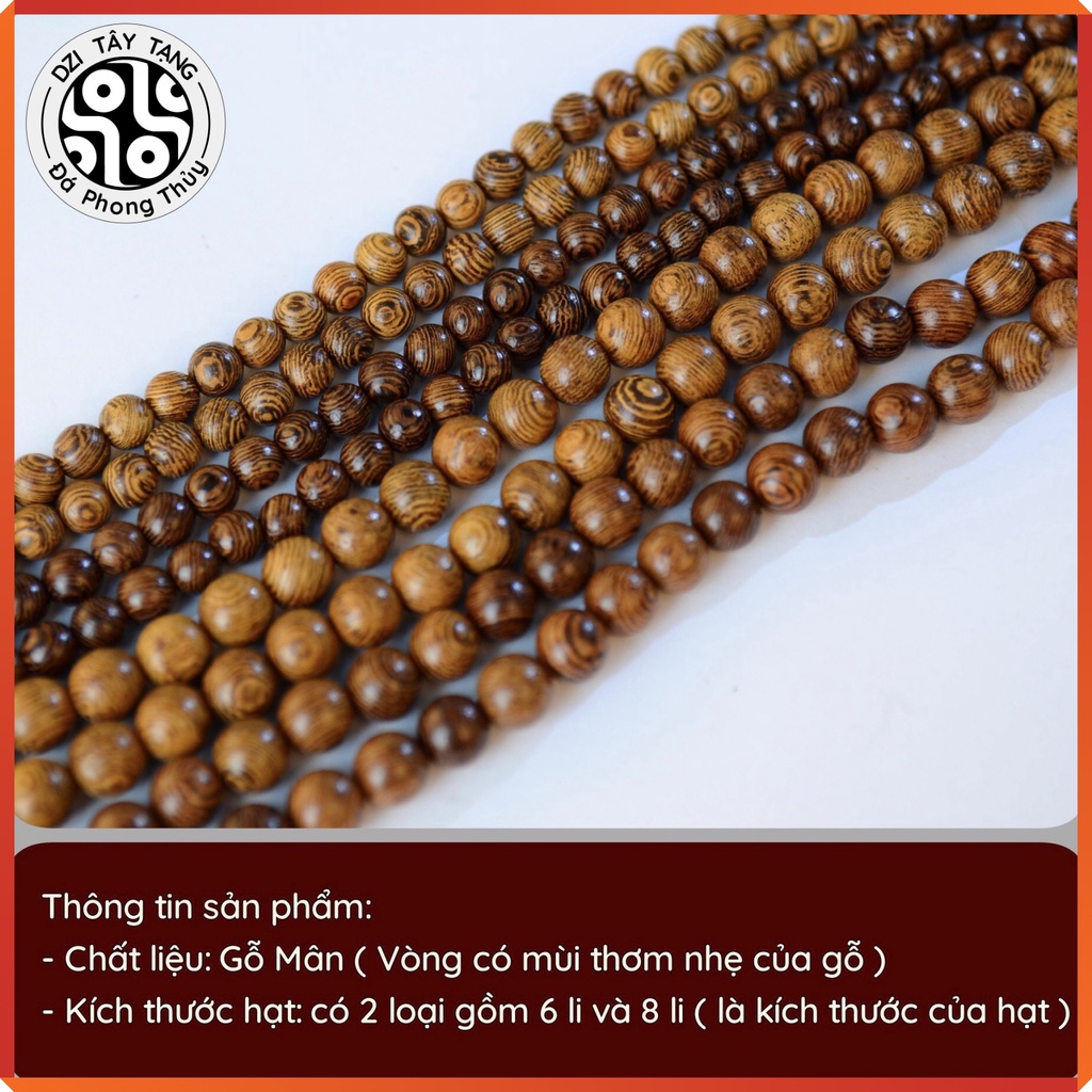 Chuỗi Đeo Tay Vòng Phong Thuỷ 108 Hạt, Gỗ Mân Đuôi Công Gỗ Cánh Gà Tự Nhiên Size 6, Size 8Mm - Dzi Tây Tạng
