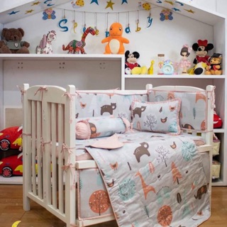 Fullset quây cũi, chăn, ga/drap, gối, gối chặn mẫu thú xám phối Hồng paster