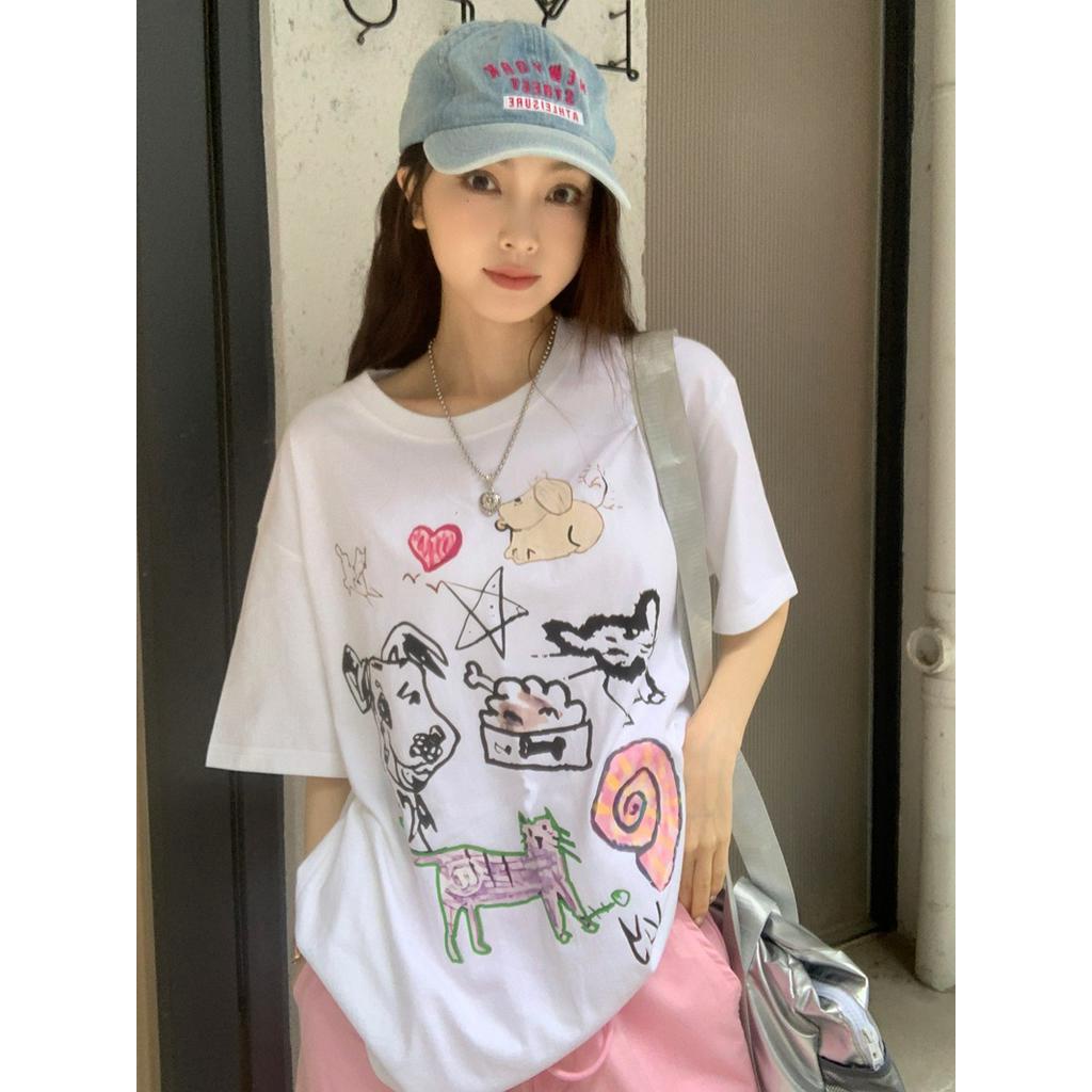 Áo Thun Dáng Rộng Ngắn Tay In Hình Động Vật Phong Cách Mới Mùa Hè 64163