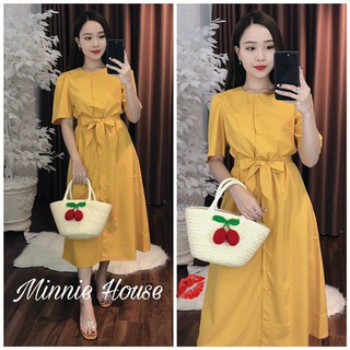 Đầm suông vàng phối nút cột eo d2257160