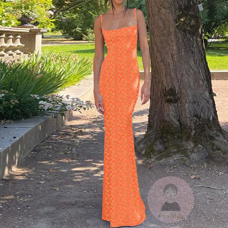 Đầm Dài Không Tay Hở Lưng Khoét Sâu In Họa Tiết Hoa Cho Nữ