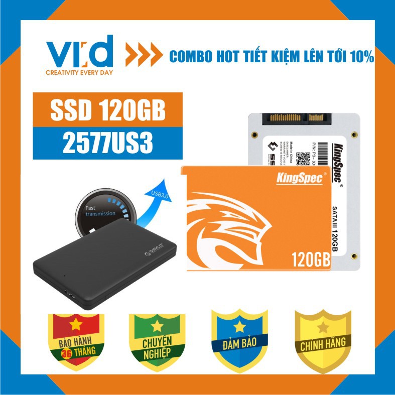 [Mã ELMS05 giảm 5% đơn 300k][COMBO HOT] Ổ cứng SSD 120GB KingSpec &amp; Box orico 2.5&quot; 2577US3 - Bảo hành chính hãng